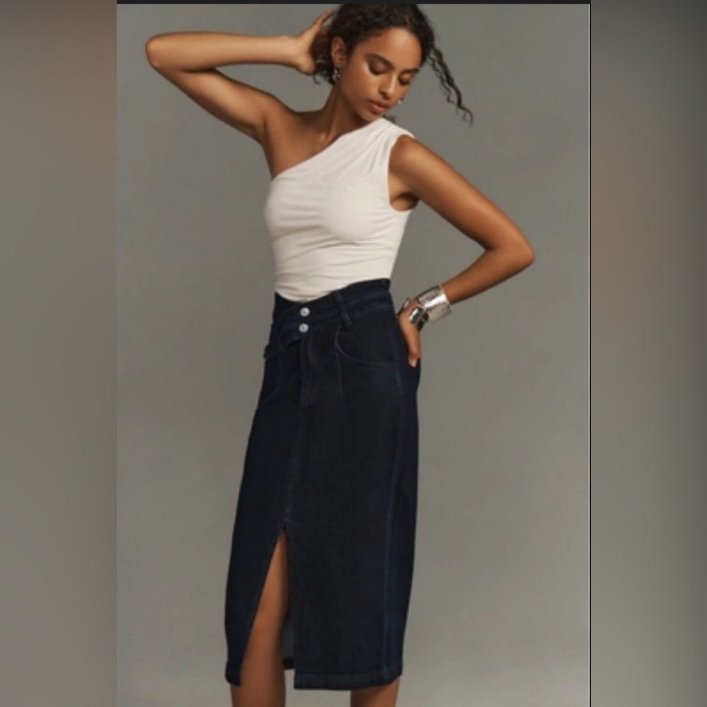 Pilcro The Arden Dark Blue Denim Open Quiet Luxury Pencil Skirt